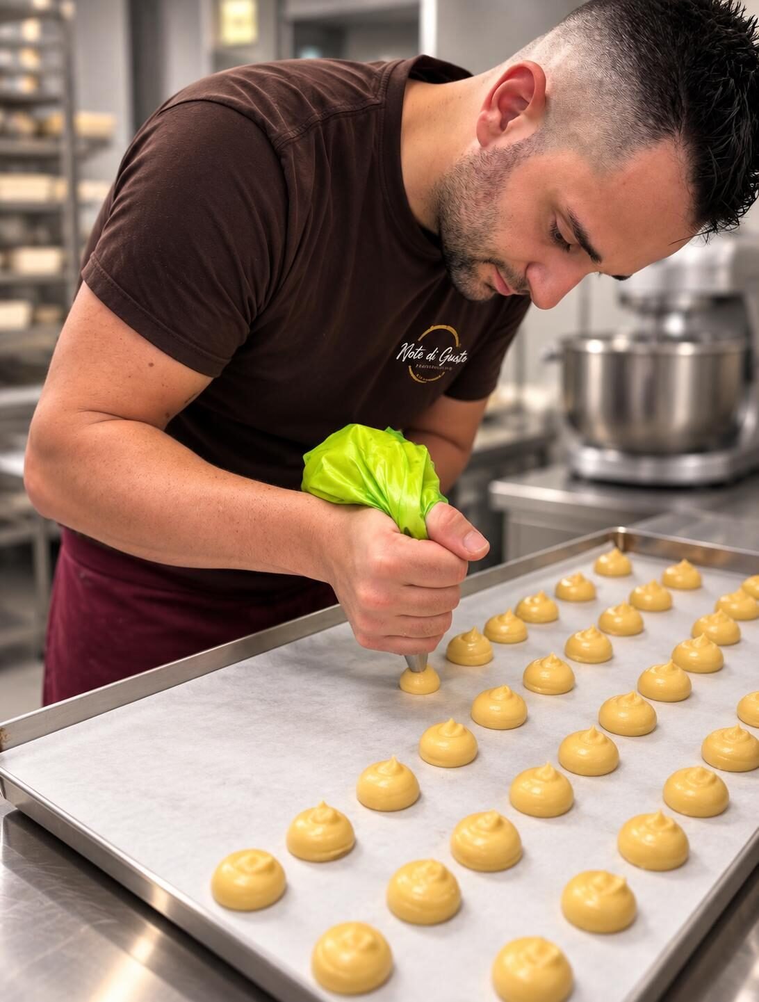 Lavorazione a mano dei bignè nel laboratorio Note di Gusto